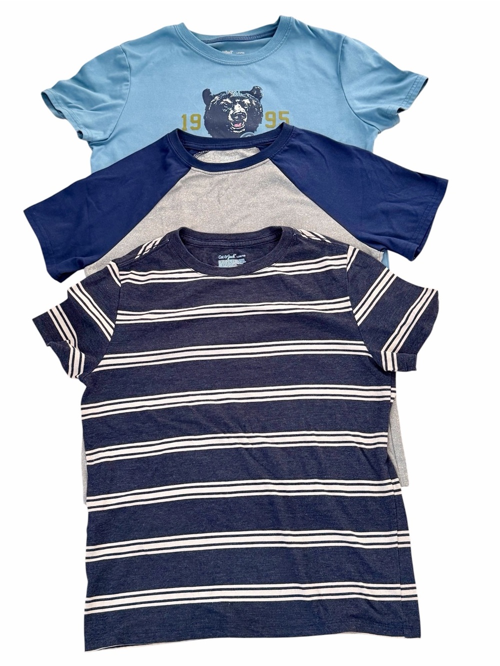 Lot of 3 Cat & Jack Boys Sz Large Short Sleeve Tees in Light Blue, Navy, and Gra